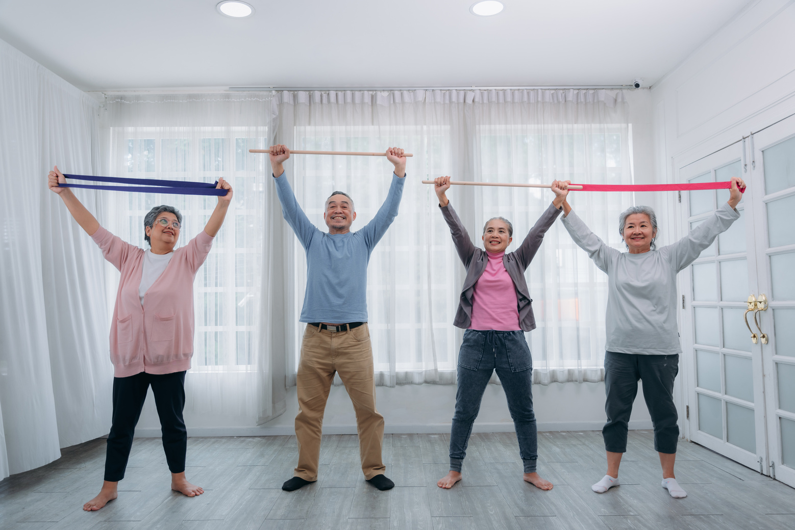 Senior lifestyle at home. Older adults exercise at their houses. Senior exercising at a convalescent facility.